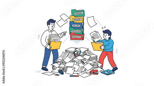 Document Management & Organization: Professionals Sorting Paperwork & Files. Data Workflow & Office Efficiency Concept Illustration.