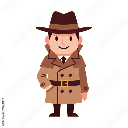 Cartoon Private Investigator Character with Brown Hat and Overcoat