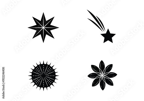 Stellar celestial icons set including shooting star and radiant sun and floral star shape