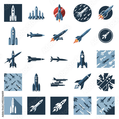Blueprint Style Icon Set of Space Technology and Rockets