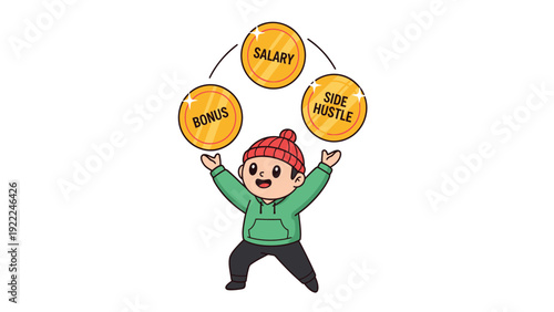 Juggling Multiple Income Streams: Salary, Bonus, and Side Hustle Concept Illustration