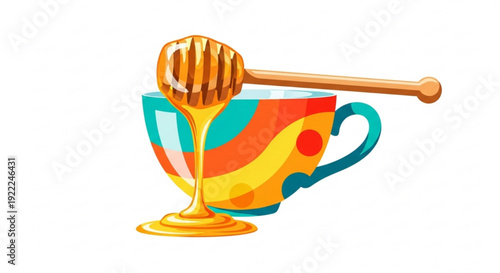 Colorful tea cup with honey dripping from a wooden honey dipper vibrant abstract design warm lighting and a clean white background