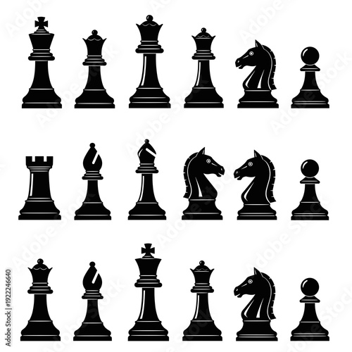Grid of Basic Black and White Chess Piece Icons for Game Design