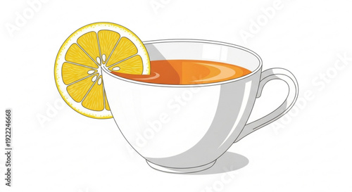 White teacup filled with tea and lemon slice on white background simple illustration style soft lighting warm beverage concept