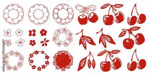 Red floral and cherry illustrations arranged in a repeating pattern