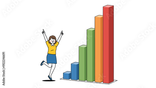 Joyful woman celebrating business success and growth with a rising bar chart. Concept of financial achievement and progress.