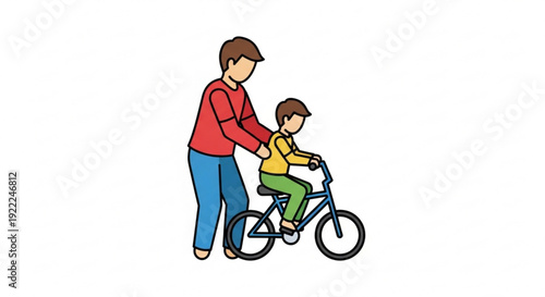 Father teaching young son to ride bicycle together outdoors with guidance and support in a simple illustration