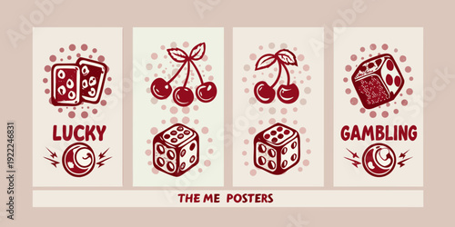 Illustrative gambling themed posters with dice cherries and playing cards