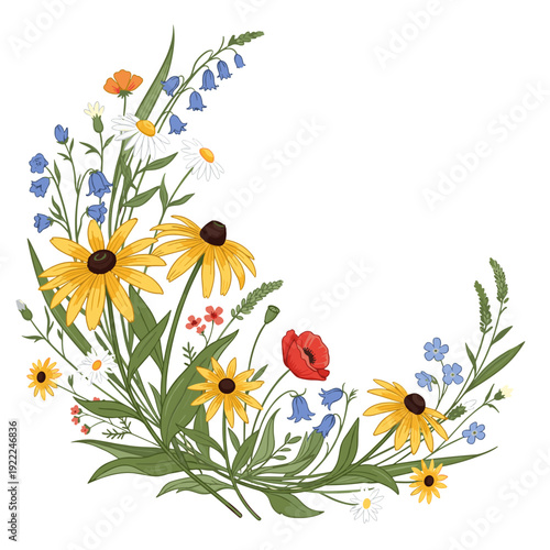 Crescent Moon Arrangement of Colorful Wildflowers and Vines