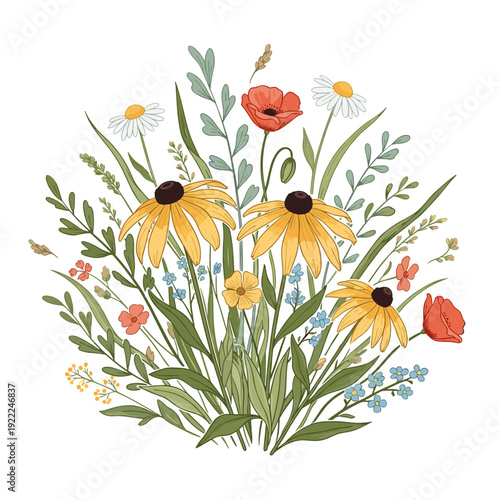Round Bouquet Illustration of Diverse Blooming Wildflowers