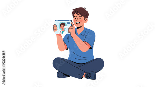 Young man having a virtual doctor consultation on a tablet, telemedicine and online healthcare concept illustration.