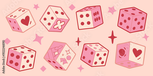 A collection of pink dice with hearts clubs and stars scattered around