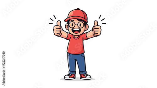 Smiling cartoon boy in red cap and glasses giving double thumbs up, expressing approval and positivity