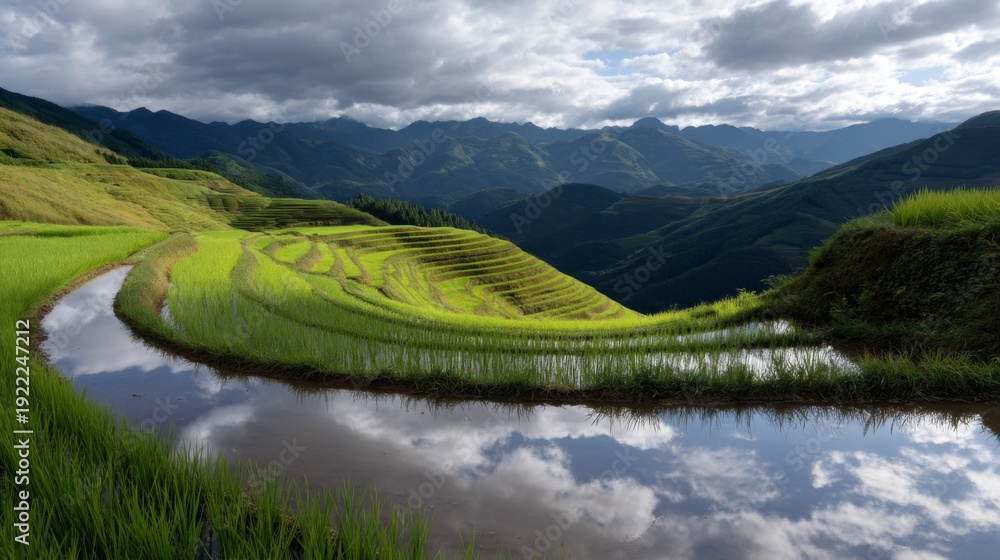 Fototapeta premium Serene Rice Terraces in Mountain Landscape Under Dramatic Sky with Cloud Reflections in Water on a Clear Day in Remote Nature Setting