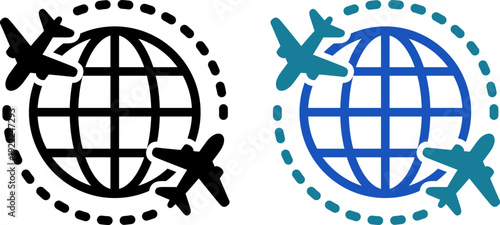 地球と飛行機で表現した海外旅行とグローバル移動のアイコン（Global Travel Icon with Airplanes and World Map）
