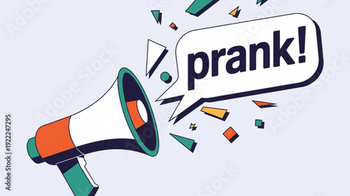 Colorful megaphone with prank speech bubble and geometric shapes flying out symbolizing playful announcement
