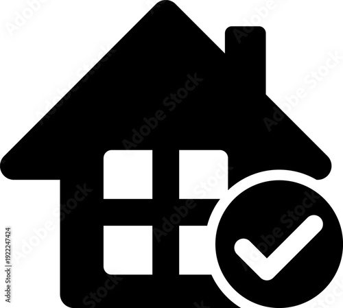 住宅購入完了を表す家とチェックマークのアイコン（House with Check Mark Icon）
