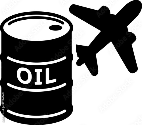 原油ドラム缶と飛行機の白黒シンプルアイコン（Oil Barrel and Airplane Black and White Icon）
