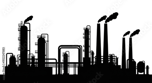 Silhouette of an industrial plant with smokestacks against a white background.
