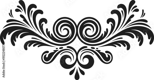 Elegant black ornamental swirl design with symmetrical vintage scroll elements, decorative baroque flourish isolated on white background illustration