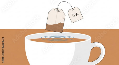 Tea bag being lifted from a cup of tea warm brown liquid white ceramic mug simple background soothing atmosphere comforting drink