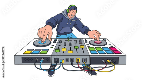 Energetic DJ in headphones mixing music on a modern controller. Flat vector illustration of a male artist performing at a party event.