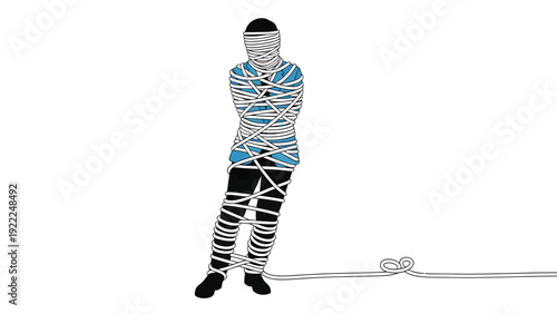 Person tightly bound by ropes, symbolizing restriction, limitation, and lack of freedom. Constraint and struggle concept.