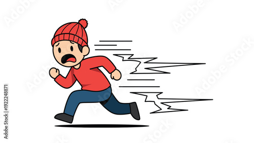 Cartoon Person Running Fast with Scared Expression and Speed Lines