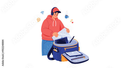 Person packing tech gadgets (laptop, tablet, headphones) into a backpack, representing remote work, study, or travel preparation. Digital lifestyle.
