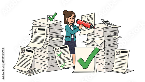 Businesswoman Marking Documents Amidst Paperwork Stacks, Concept of Task Completion and Productivity