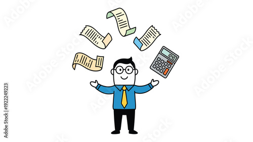 Cartoon Man Juggling Financial Documents & Calculator for Budgeting, Accounting & Expense Management