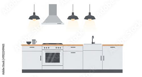 Modern Kitchen Interior Design With Appliances And Lighting.