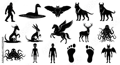 Collection of Mythical Creatures and Cryptids Silhouettes.