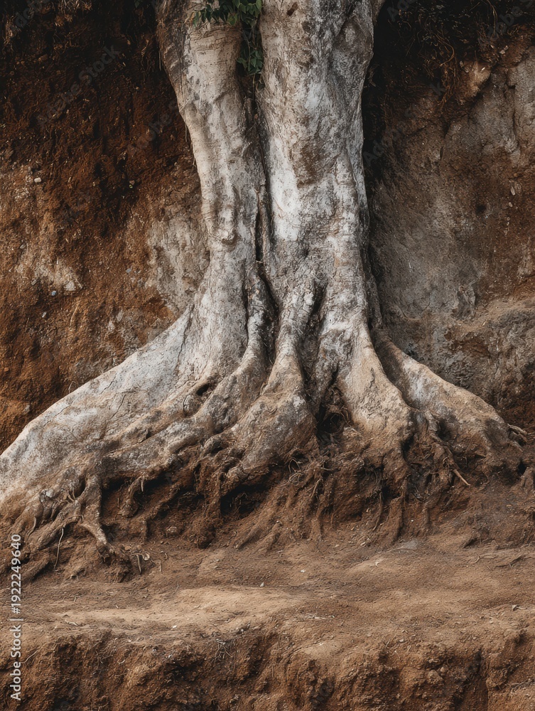 Obraz premium Close-up View of Rugged Tree Roots Exposed in the Ground Shows the Intricate Details of Nature at a Forested Location