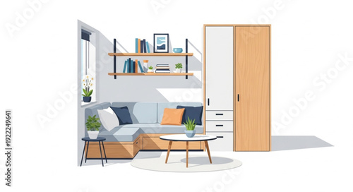 Cozy modern living room with sofa and coffee table.