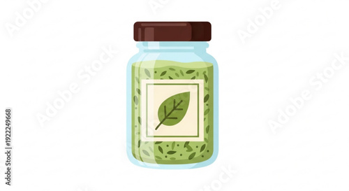 Glass jar of pickled green vegetables with leaf label on white background illustration healthy snack