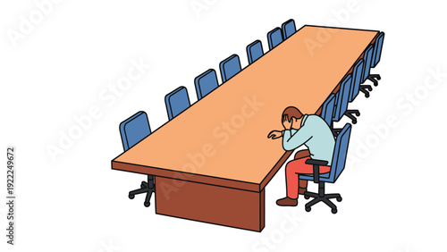 Stressed person alone at a long conference table, symbolizing corporate pressure and isolation in an empty meeting room