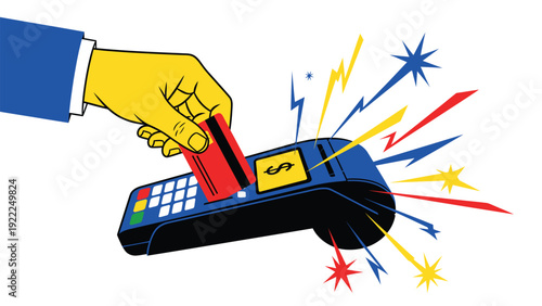 Hand Making Credit Card Payment with POS Terminal and Spark Effects