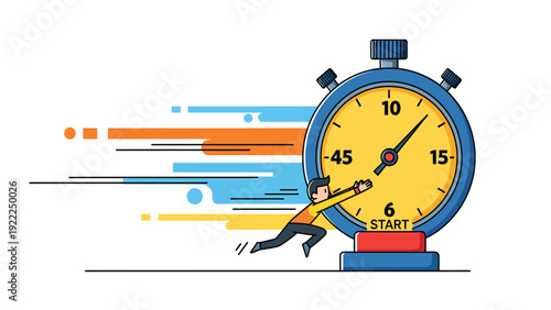 Race against time: Dynamic character pressing stopwatch start button with speed lines, illustrating urgency and quick action.