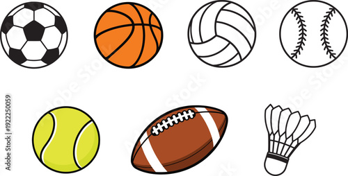 Colorful Sports Balls and Shuttlecock Vector Icon Set