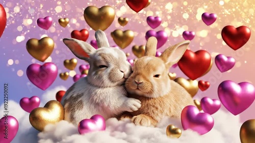 Dreamy, romantic illustration of two cute bunnies cuddling on soft clouds, surrounded by sparkling red, pink, and gold hearts and bokeh.