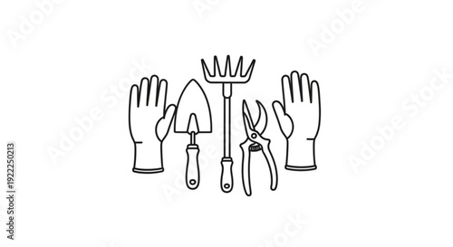 Gardening tools with gloves and equipment for plant care and landscaping tasks