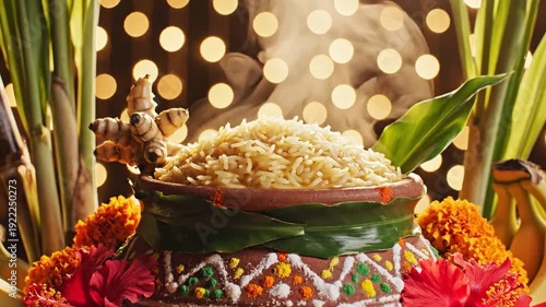 A close-up of a steaming clay pot of rice, richly decorated and framed by marigold flowers, sugarcane, and turmeric, glows warmly against a festive bokeh background.