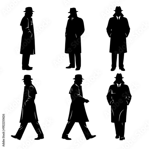 Collection of Black Silhouette Men in Professional Overcoats
