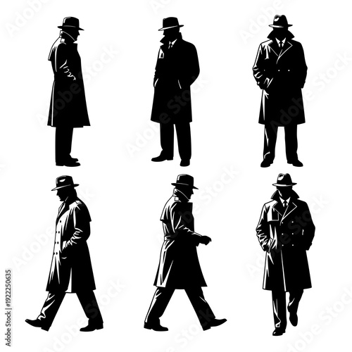 Set of Standing and Walking Male Silhouettes in Coats