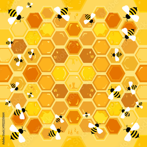 Golden Hexagonal Honeycomb Background with Buzzing Bees
