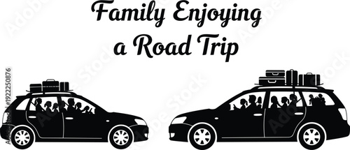 Black and white of two cars with families enjoying a road trip with luggage on