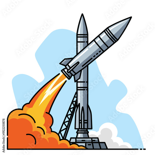 Rocket Launching into Space with Orange Exhaust and Blue Sky