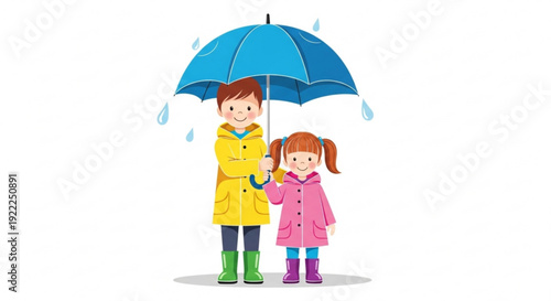 Children in raincoats and boots hold blue umbrella on rainy day with raindrops