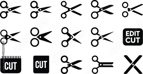 Professional scissors icon set in flat style. Collection of black cutting, barber and tailor scissors symbols isolated on white – stock vector